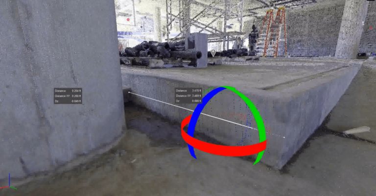 Screenshot of a point cloud from a 3D LiDAR scan showing measurement tools applied to a concrete structure on a construction site.