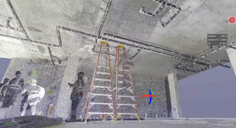 3D LiDAR point cloud of a construction site interior showing a ladder, overhead piping, and workers for accurate field measurement and documentation.