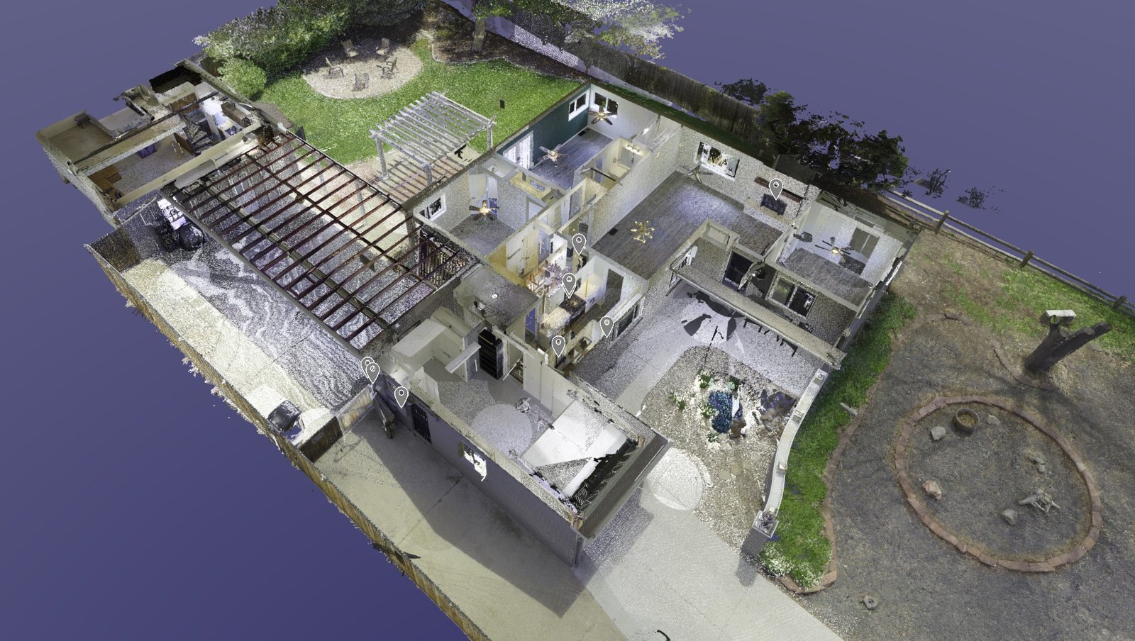 Precision 3D Scanning LiDAR point cloud rendering of a residential property, showing detailed exterior and interior layouts for renovation and design planning