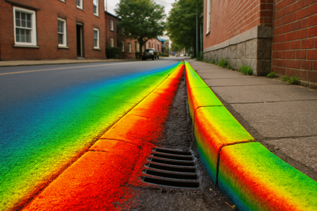 LiDAR elevation heatmap overlaid on a city curb and gutter with storm drain, showing drainage flow and elevation changes for urban infrastructure analysis.