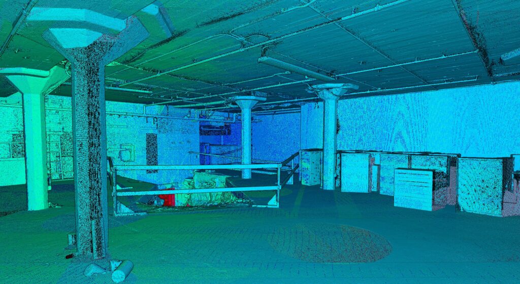 Colored point cloud showing existing basement conditions captured with laser scanning in Denver