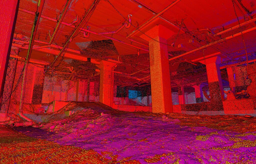 Thermal style point cloud visualization of basement captured with laser scanning in Denver