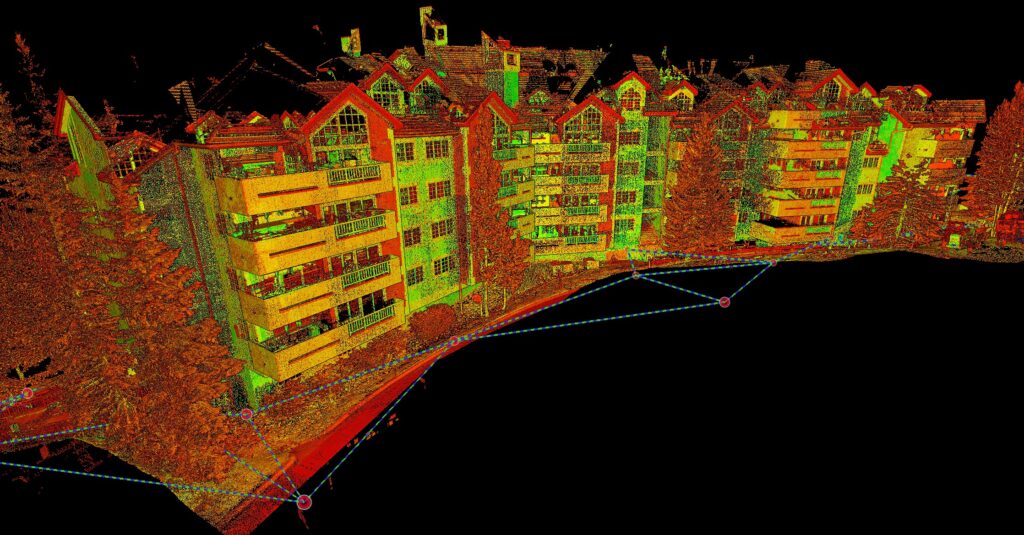 LiDAR scanning for scaffolding design at St. James Place in Beaver Creek, documenting terrain, retaining walls, and mature trees.
